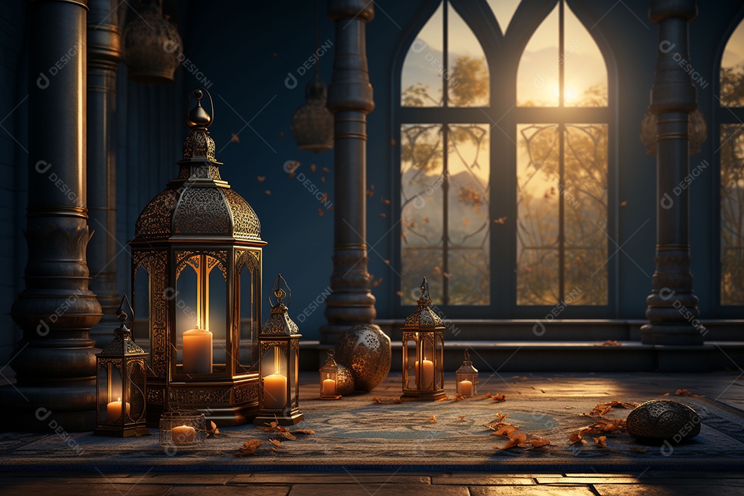 Alcorão sagrado com pódio de lanterna islâmica no Ramadã