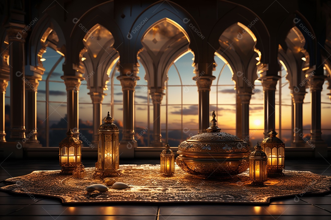 Alcorão sagrado com pódio de lanterna islâmica no Ramadã