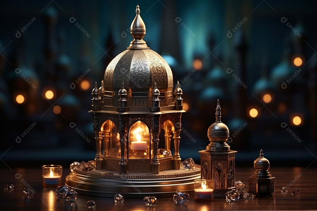 Alcorão sagrado com pódio de lanterna islâmica no Ramadã