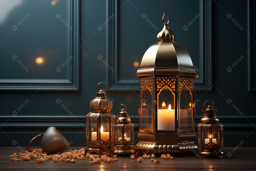 Alcorão sagrado com pódio de lanterna islâmica no Ramadã