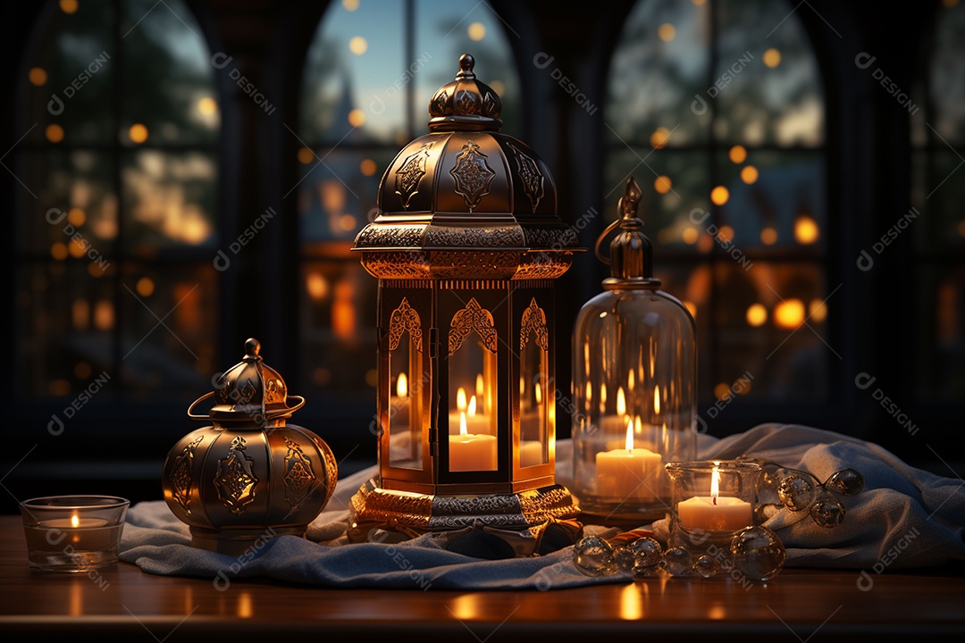 Alcorão sagrado com pódio de lanterna islâmica no Ramadã