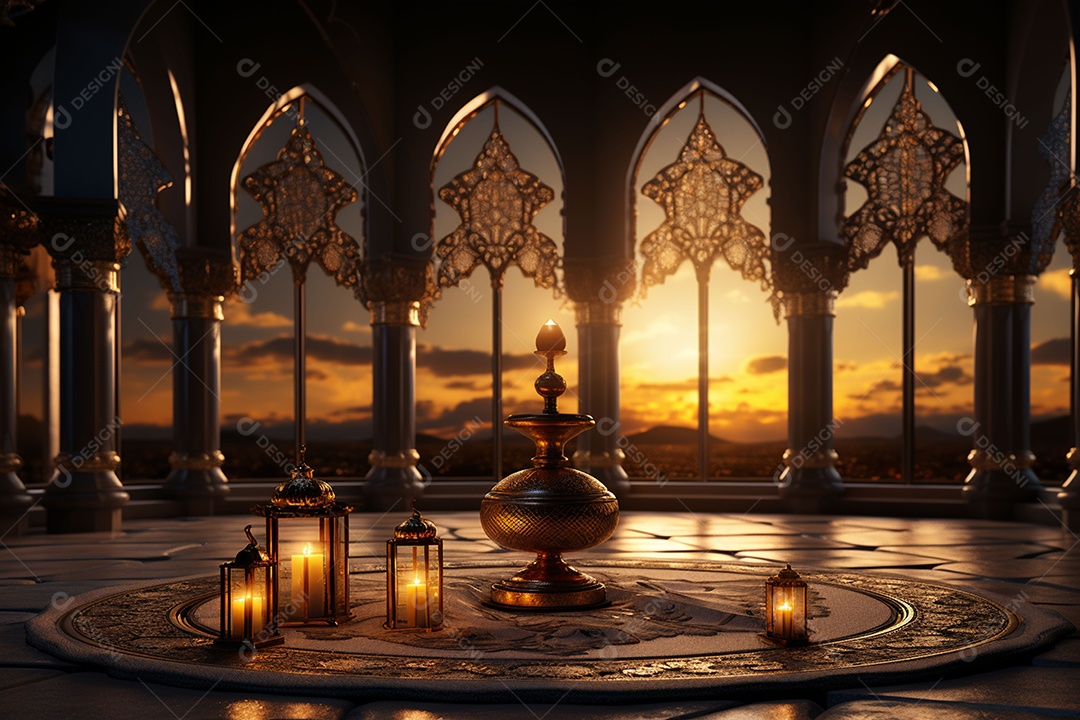 Alcorão sagrado com pódio de lanterna islâmica no Ramadã