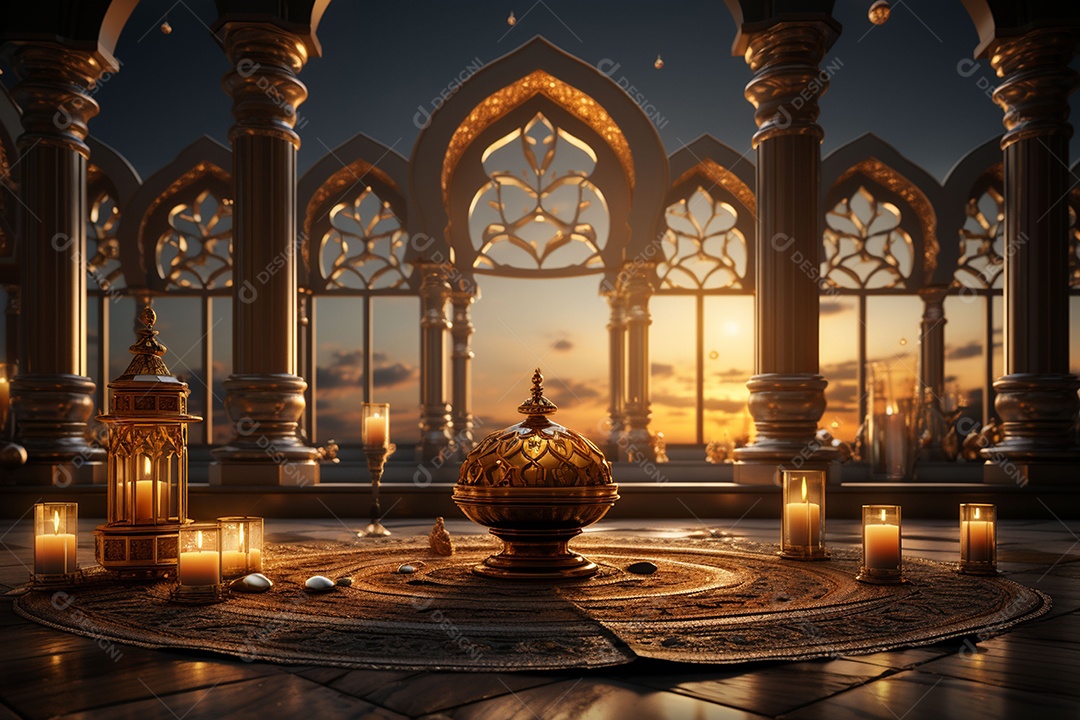 Alcorão sagrado com pódio de lanterna islâmica no Ramadã