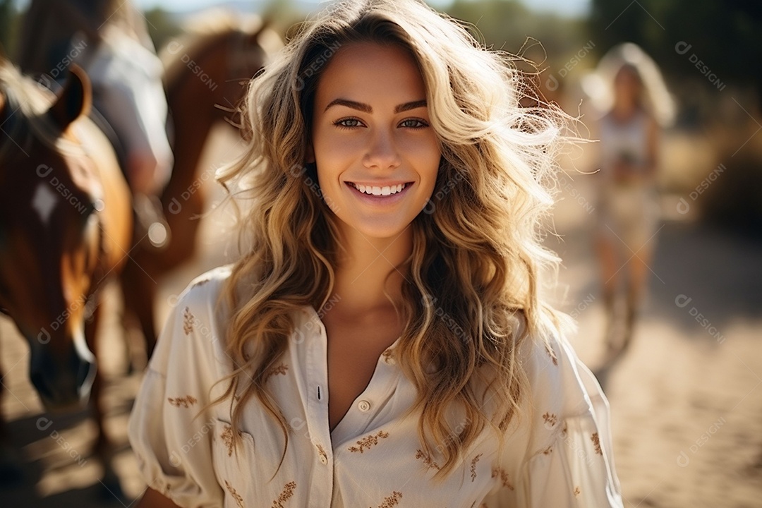 Cavaleira cavalgando sob uma fazenda