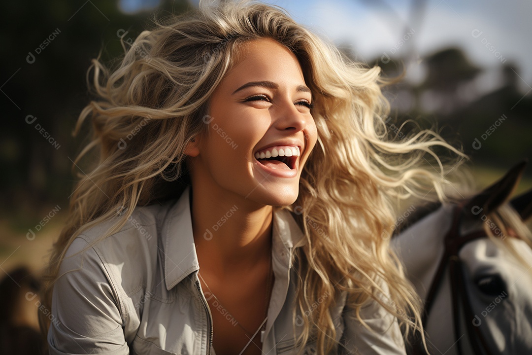 Cavaleira cavalgando sob uma fazenda