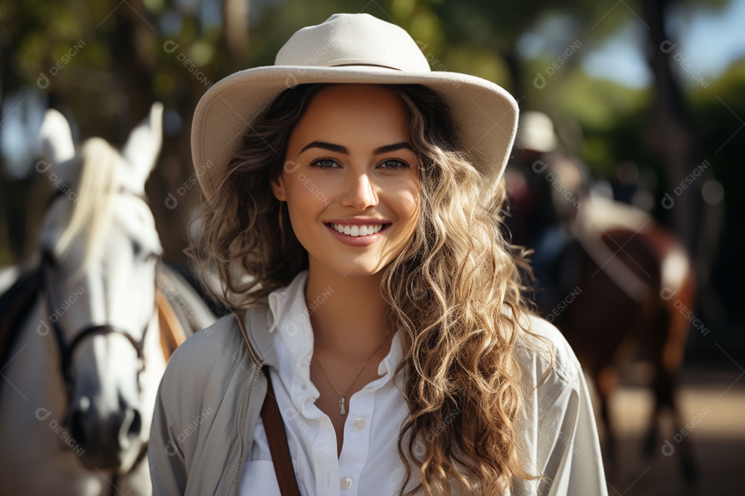 Cavaleira cavalgando sob uma fazenda