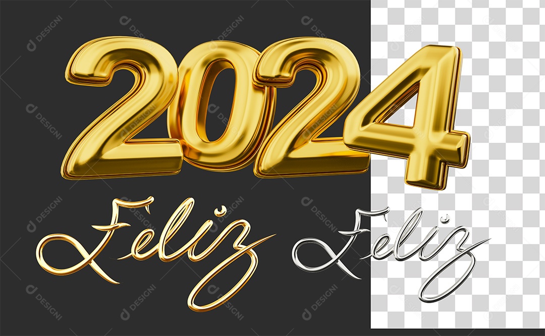 Número 3D Feliz 2024 Dourado Para Composição PSD