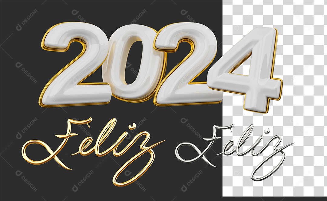 Número 3D Feliz 2024 Branco e Dourado Para Composição PSD
