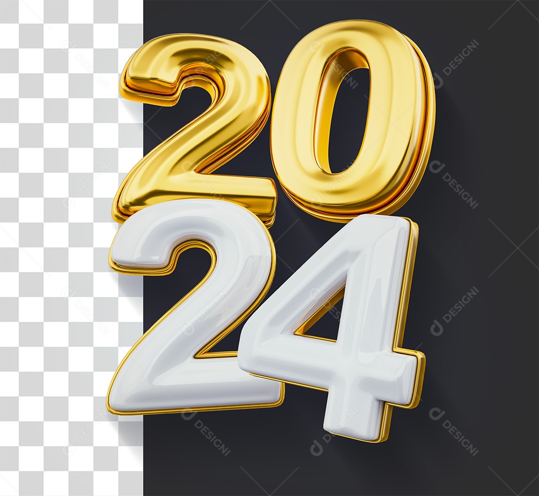 Número 3D 2024 Branco e Dourado Para Composição PSD
