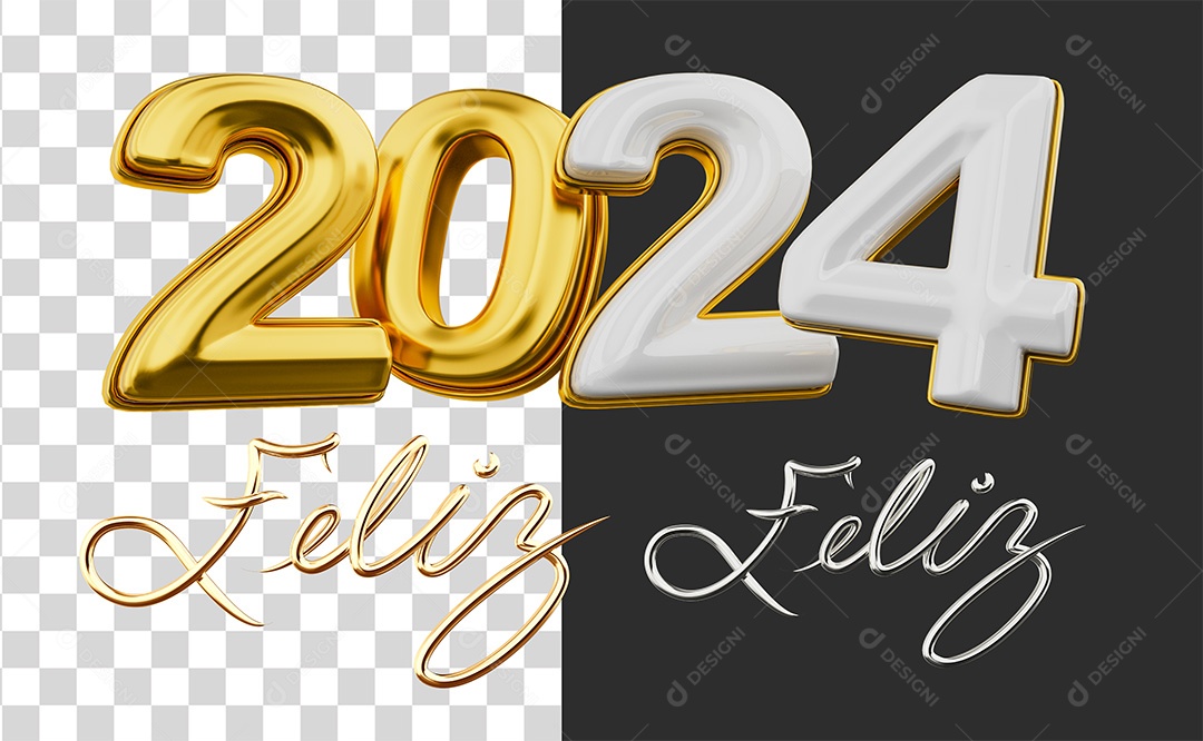 Número 3D Feliz 2024 Branco e Dourado Para Composição PSD