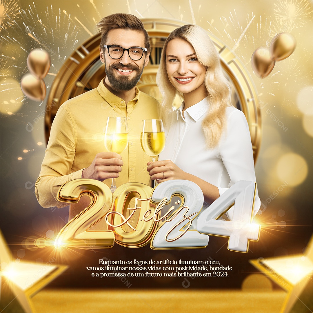 Social Media Feliz 2024 Iluminar Nossas Vidas Com Positividade PSD Editável