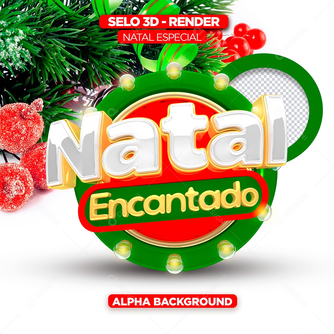 Natal Encantado Selo 3D Branco Dourado Verde para Composição PSD