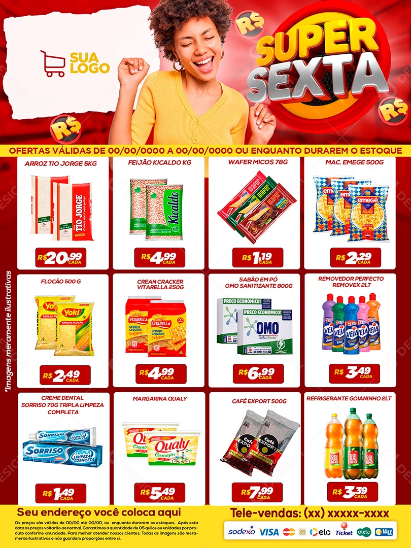 Encarte Super Sexta Arroz Tio Jorge Feijão Kicaldo Wafer Micos Flocão Crean Cracker Vitarella Social Media PSD Editável