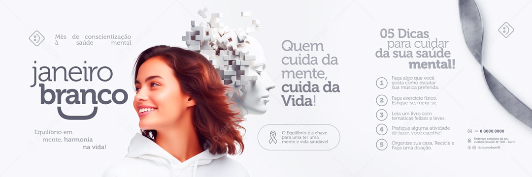 Social Media Banner Cuidar Da Sua Saúde Mental Janeiro Branco PSD Editável