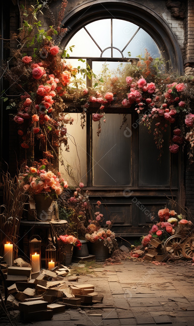 Cenários digitais de aro floral. ensaio montado com adereço Flor e cenário de madeira. Flor pendurada