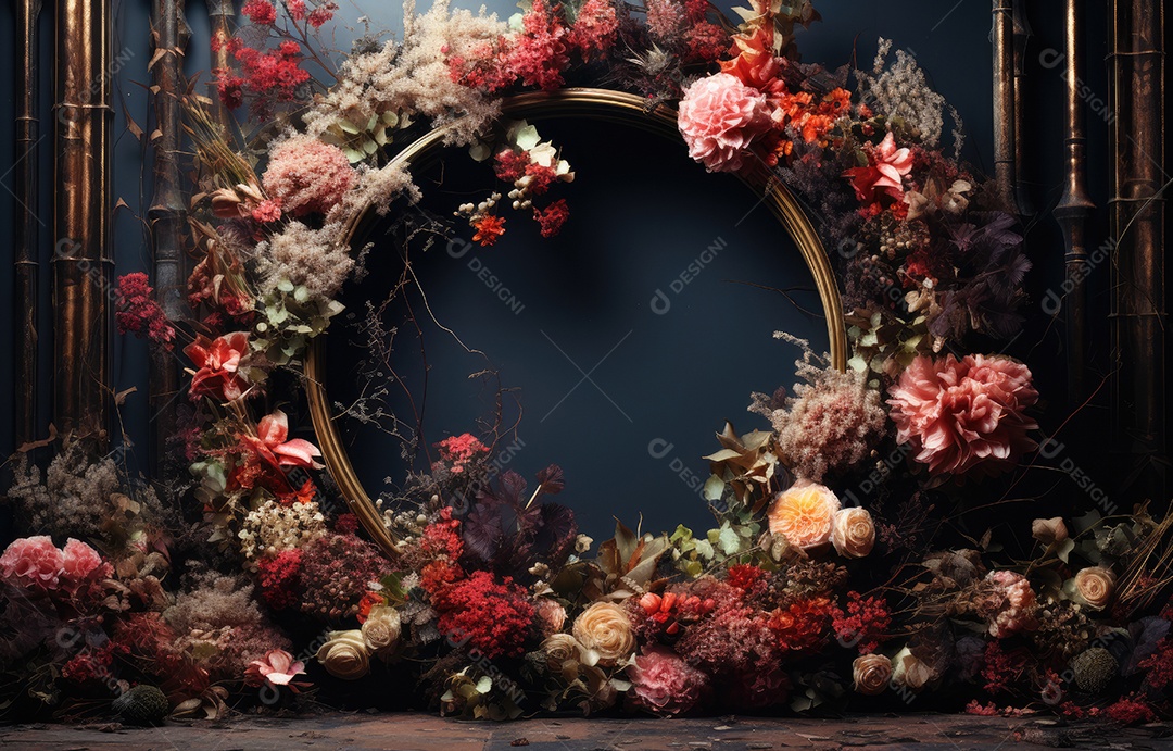 Cenários digitais de aro floral. ensaio montado com adereço Flor e cenário de madeira. Flor pendurada