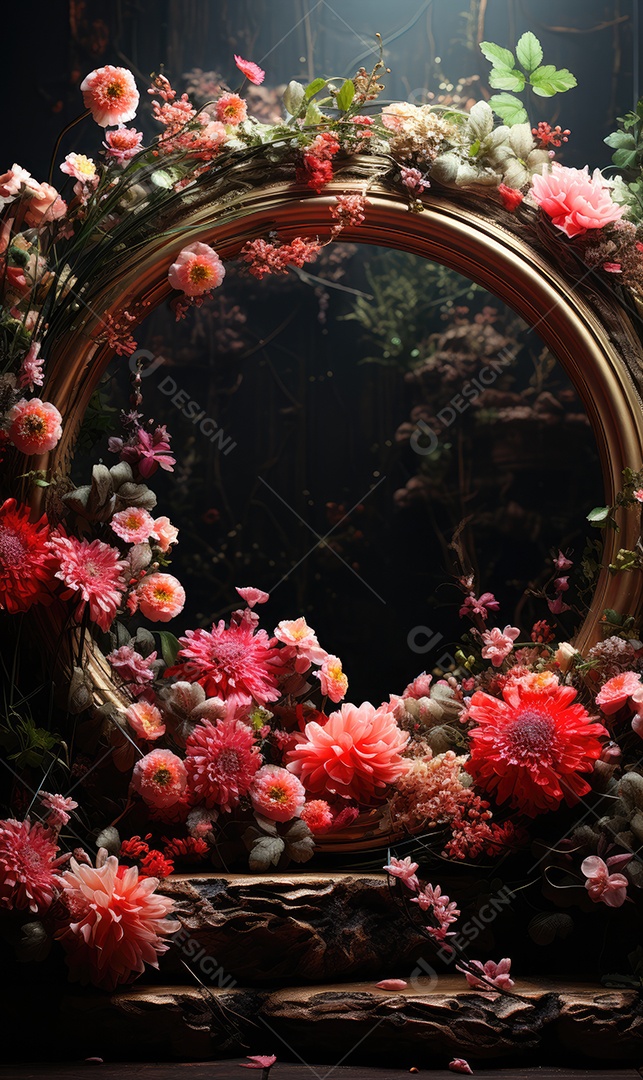 Cenários digitais de aro floral. ensaio montado com adereço Flor e cenário de madeira. Flor pendurada
