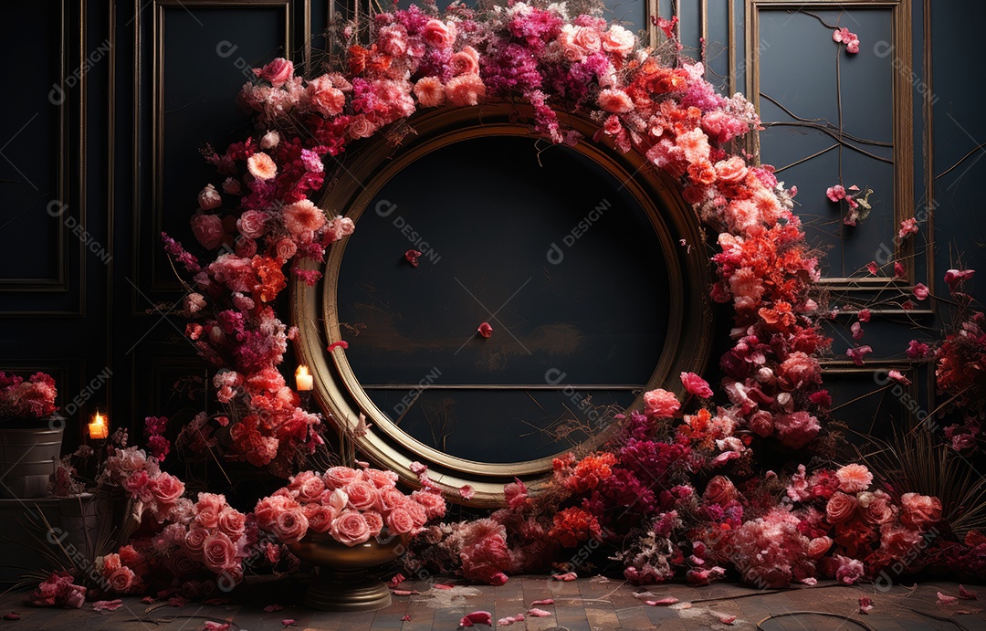 Cenários digitais de aro floral. ensaio montado com adereço Flor e cenário de madeira. Flor pendurada