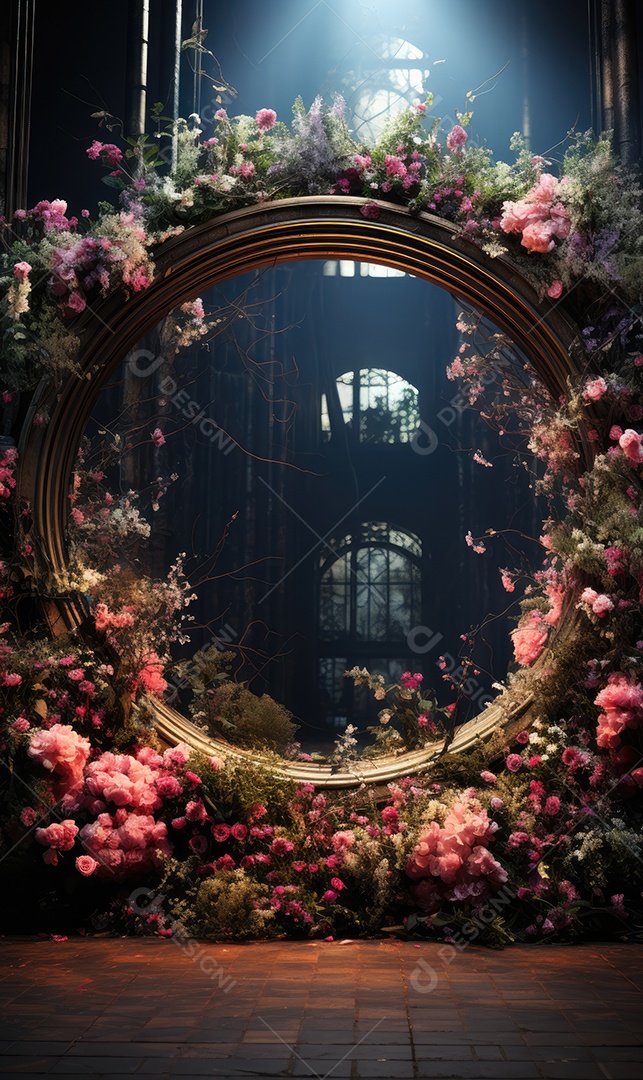 Cenários digitais de aro floral. ensaio montado com adereço Flor e cenário de madeira. Flor pendurada