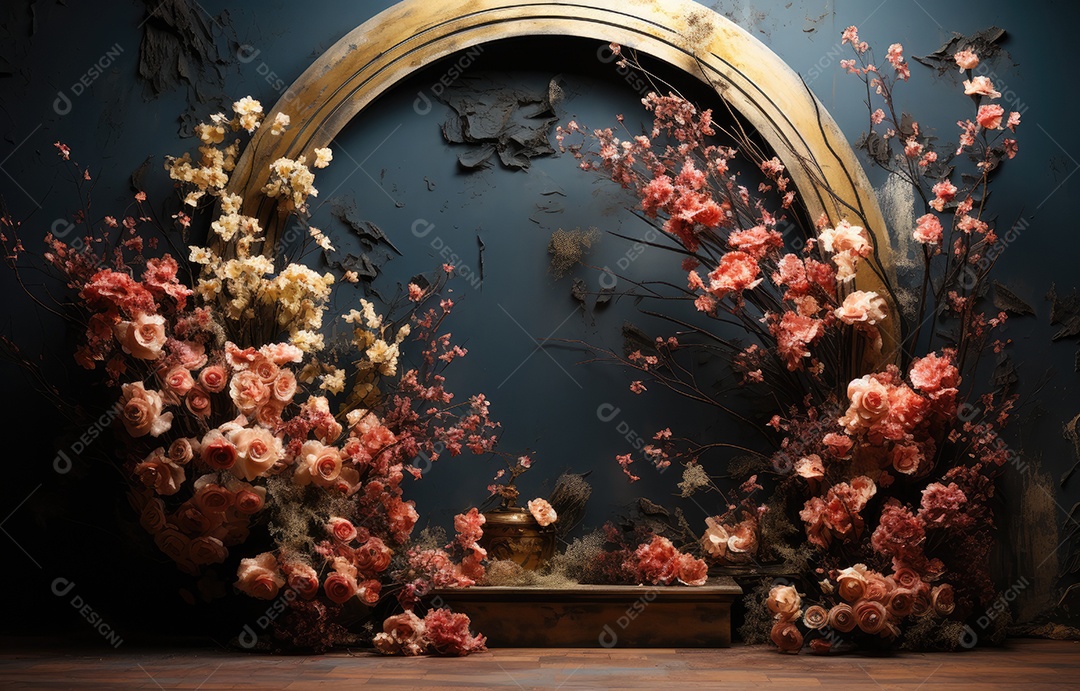 Cenários digitais de aro floral. ensaio montado com adereço Flor e cenário de madeira. Flor pendurada