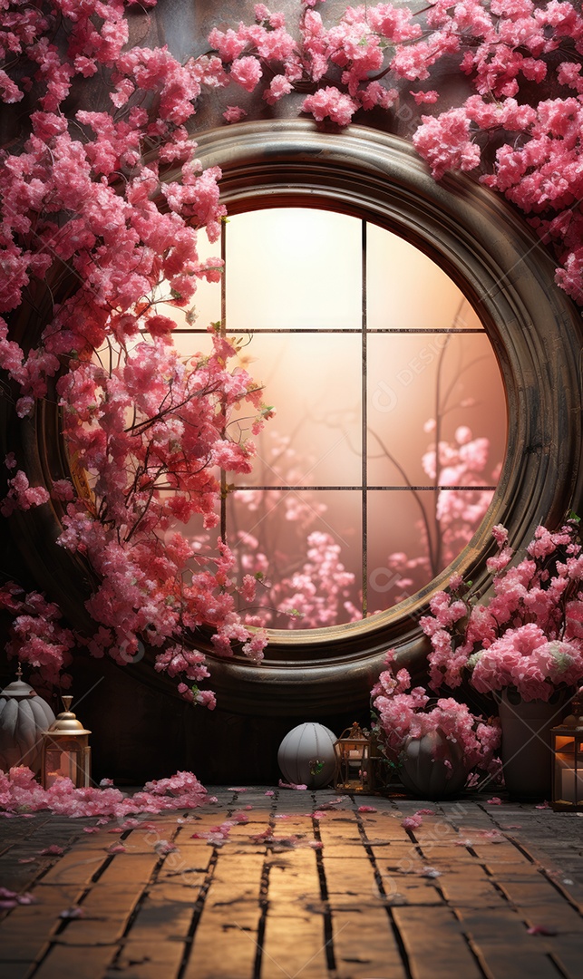 Cenários digitais de aro floral. ensaio montado com adereço Flor e cenário de madeira. Flor pendurada