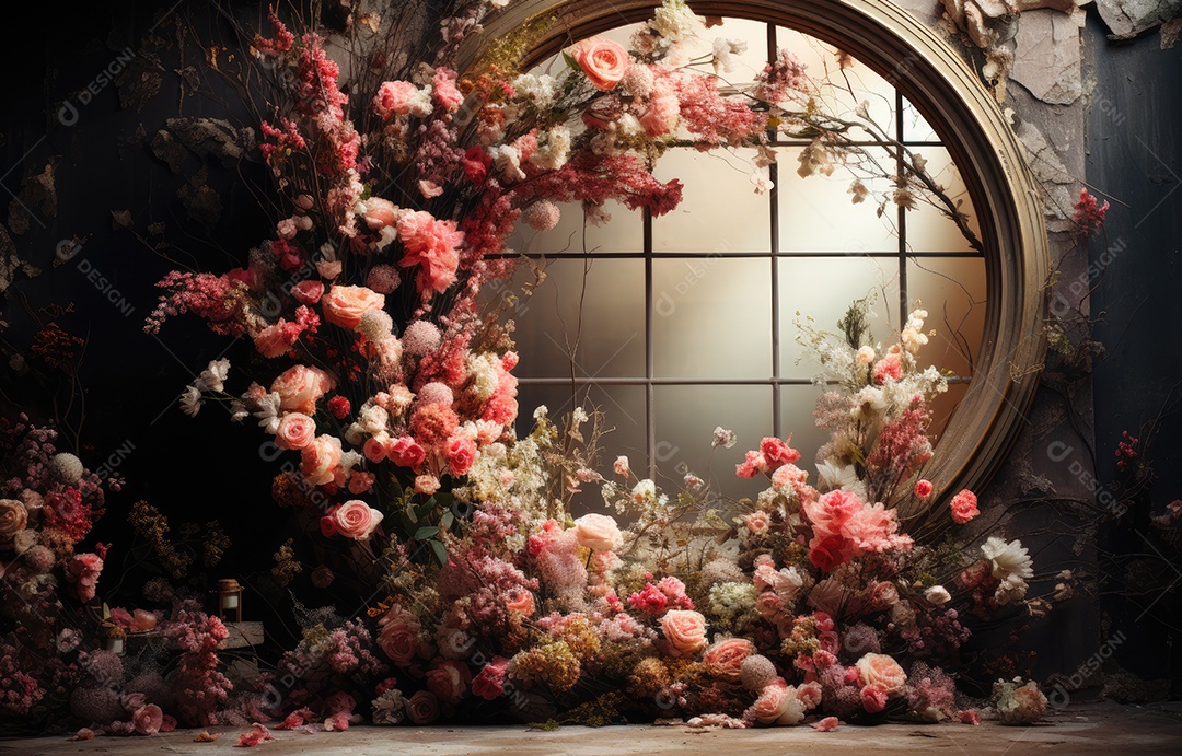 Cenários digitais de aro floral. ensaio montado com adereço Flor e cenário de madeira. Flor pendurada