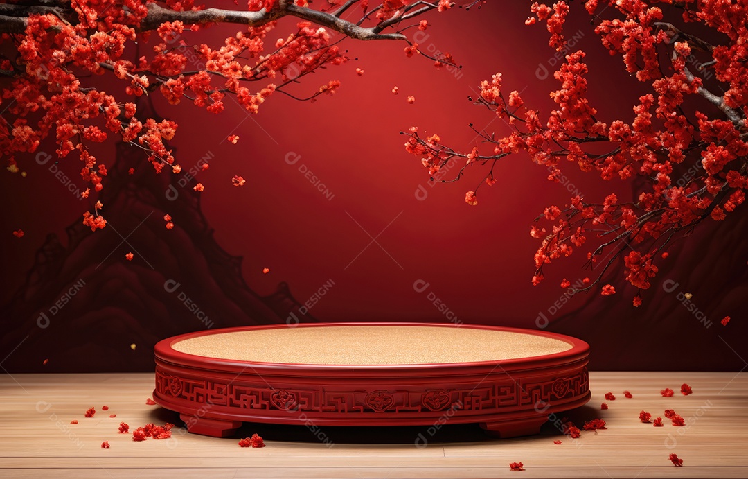 Design de fundo do ano lunar com lingotes e flores de cerejeira como decoração, estilo chinês do palco do pódio para o ano novo chinês e festivais ou festival do meio do outono