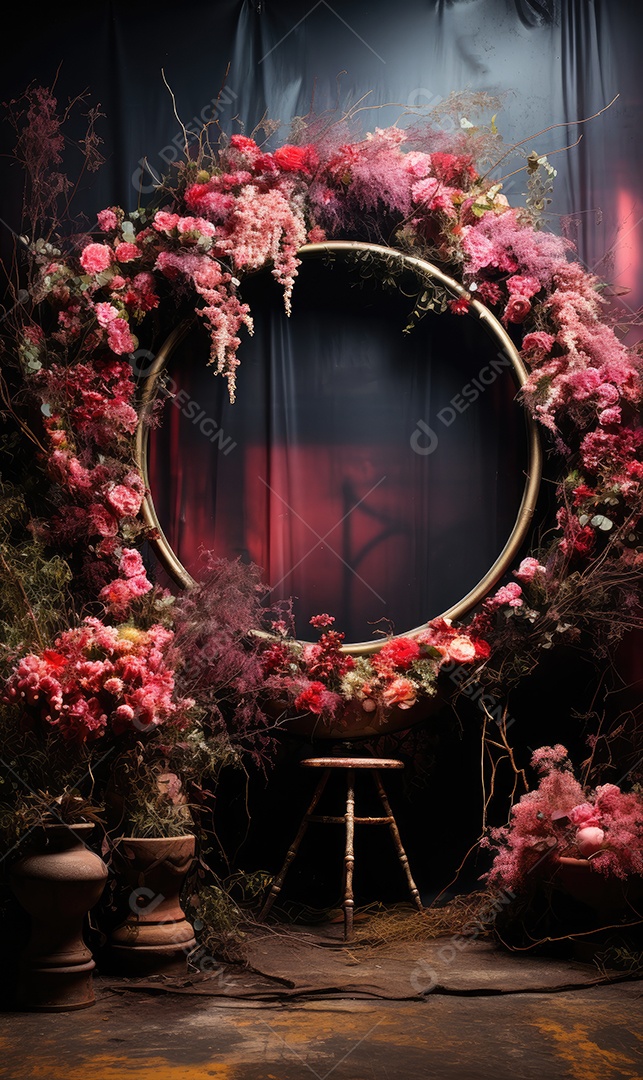Cenários digitais de aro floral. ensaio montado com adereço Flor e cenário de madeira. Flor pendurada