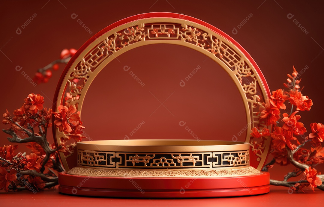 Pódio de cilindro vermelho para apresentação de exibição de produtos, ano novo chinês, festivais chineses, Festival do Meio Outono, cartaz, cartão de felicitações