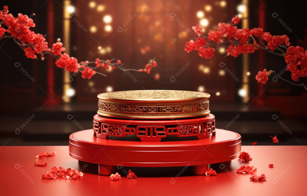 Pódio de cilindro vermelho para apresentação de exibição de produtos, ano novo chinês, festivais chineses, Festival do Meio Outono, cartaz, cartão de felicitações