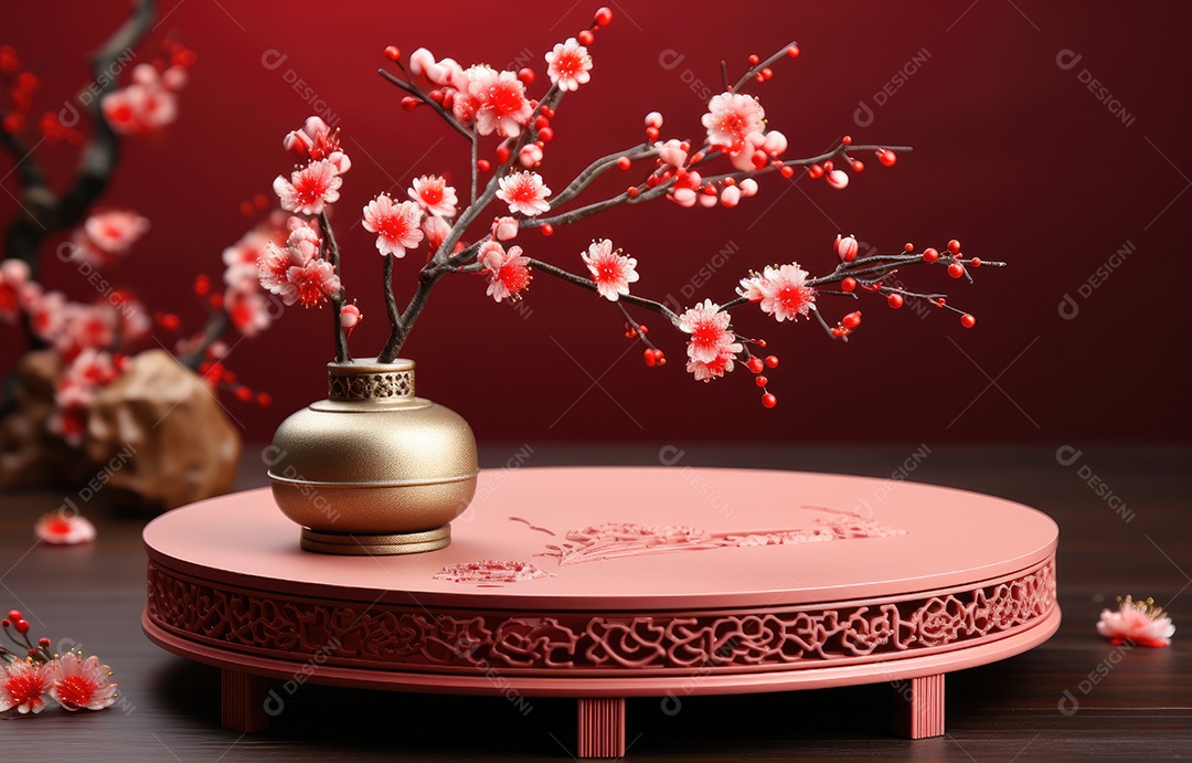 Pódio de cilindro vermelho para apresentação de exibição de produtos, ano novo chinês, festivais chineses, Festival do Meio Outono, cartaz, cartão de felicitações