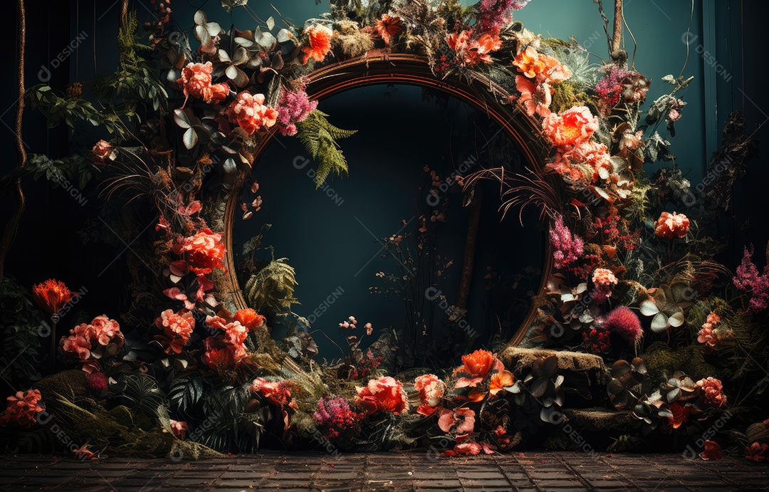 Cenários digitais de aro floral. ensaio montado com adereço Flor e cenário de madeira. Flor pendurada