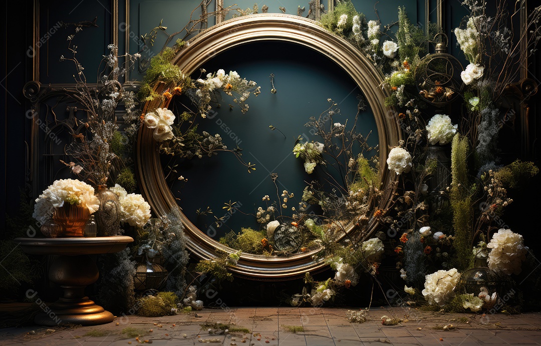 Cenários digitais de aro floral. ensaio montado com adereço Flor e cenário de madeira. Flor pendurada