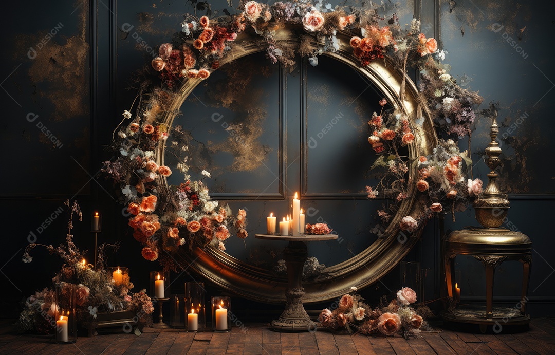 Cenários digitais de aro floral. ensaio montado com adereço Flor e cenário de madeira. Flor pendurada