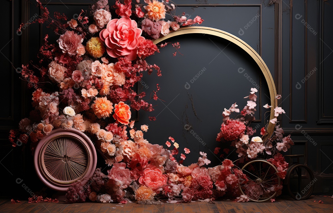 Cenários digitais de aro floral. ensaio montado com adereço Flor e cenário de madeira. Flor pendurada