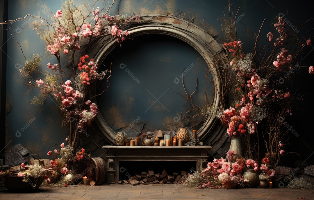 Cenários digitais de aro floral. ensaio montado com adereço Flor e cenário de madeira. Flor pendurada