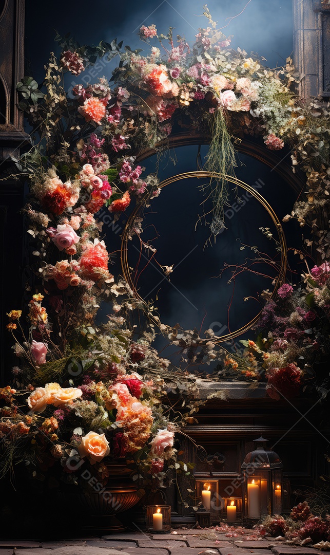 Cenários digitais de aro floral. ensaio montado com adereço Flor e cenário de madeira. Flor pendurada