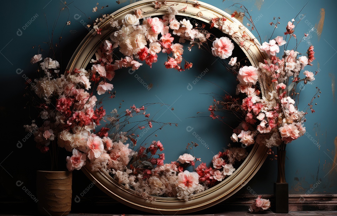Cenários digitais de aro floral. ensaio montado com adereço Flor e cenário de madeira. Flor pendurada