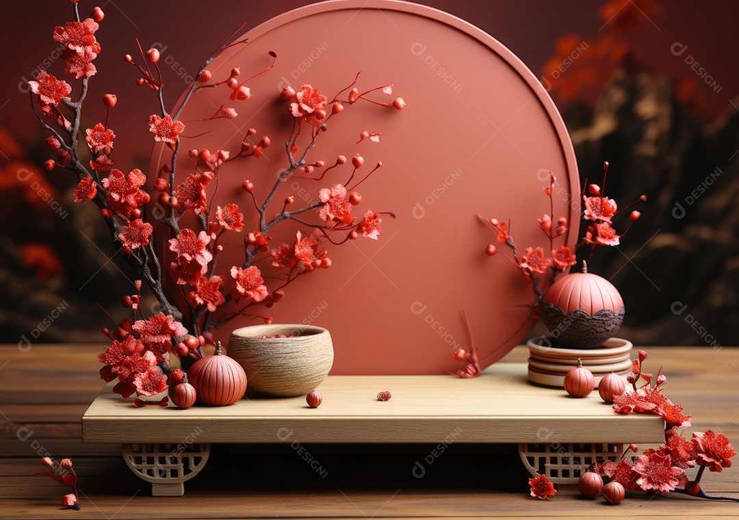 Pódio de cilindro vermelho para apresentação de exibição de produtos, ano novo chinês, festivais chineses, Festival do Meio Outono, cartaz, cartão de felicitações