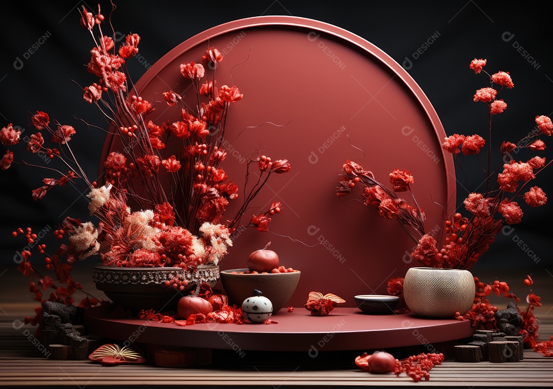 Pódio de cilindro para apresentação de exibição de produtos, ano novo chinês, festivais chineses, Festival do Meio Outono, cartaz, cartão de felicitações