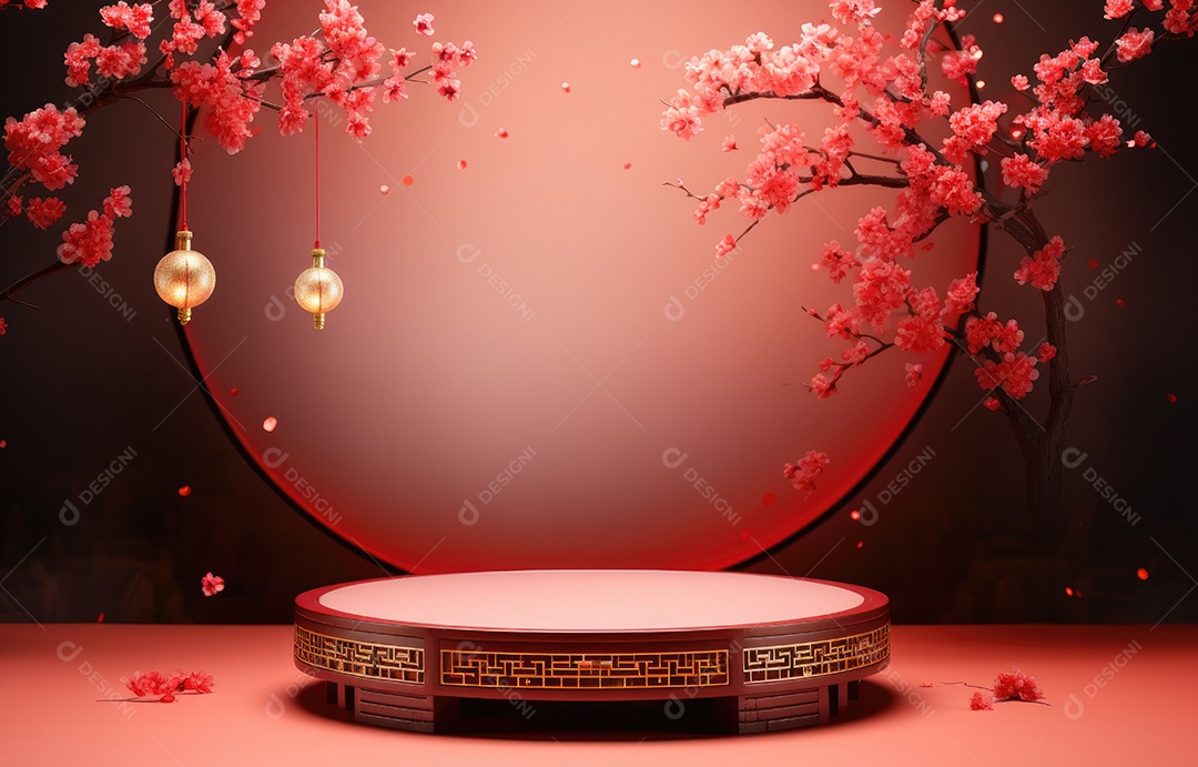 Pódio de cilindro vermelho para apresentação de exibição de produtos, ano novo chinês, festivais chineses, Festival do Meio Outono, cartaz, cartão de felicitações