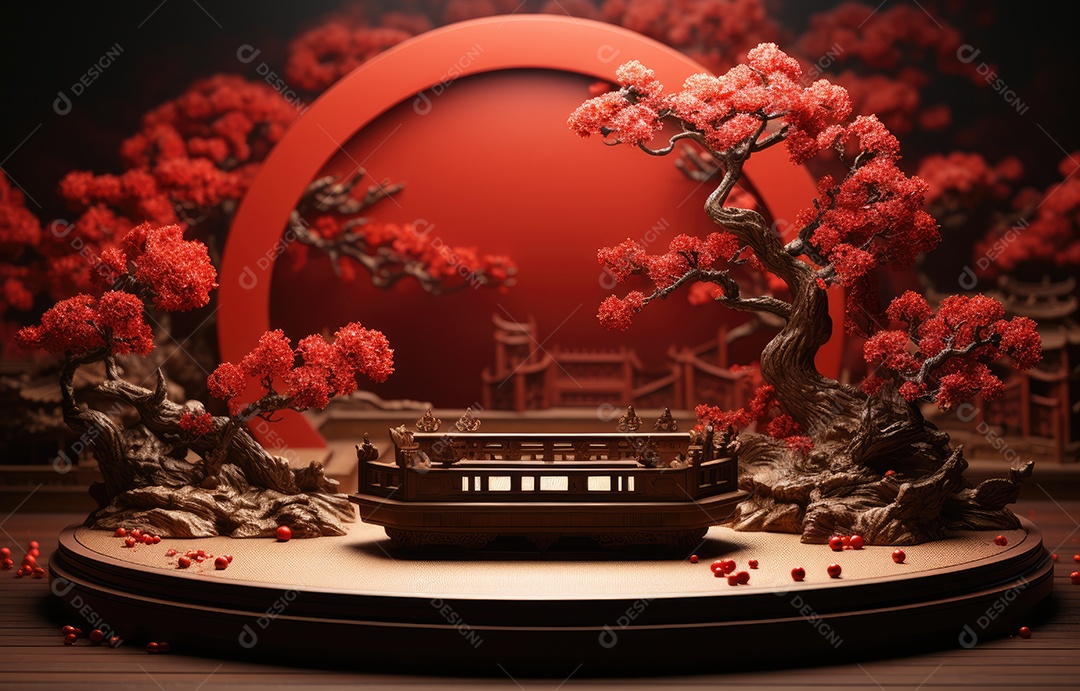 Pódio de cilindro vermelho para apresentação de exibição de produtos, ano novo chinês, festivais chineses, Festival do Meio Outono, cartaz, cartão de felicitações