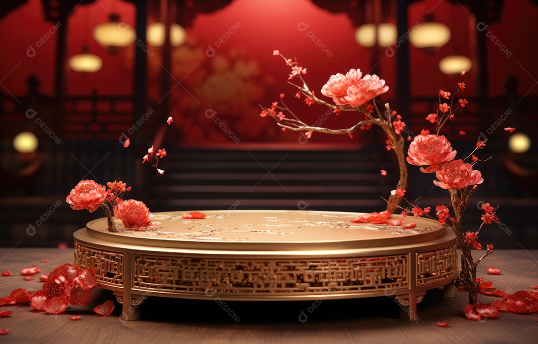 Pódio de cilindro vermelho para apresentação de exibição de produtos, ano novo chinês, festivais chineses, Festival do Meio Outono, cartaz, cartão de felicitações