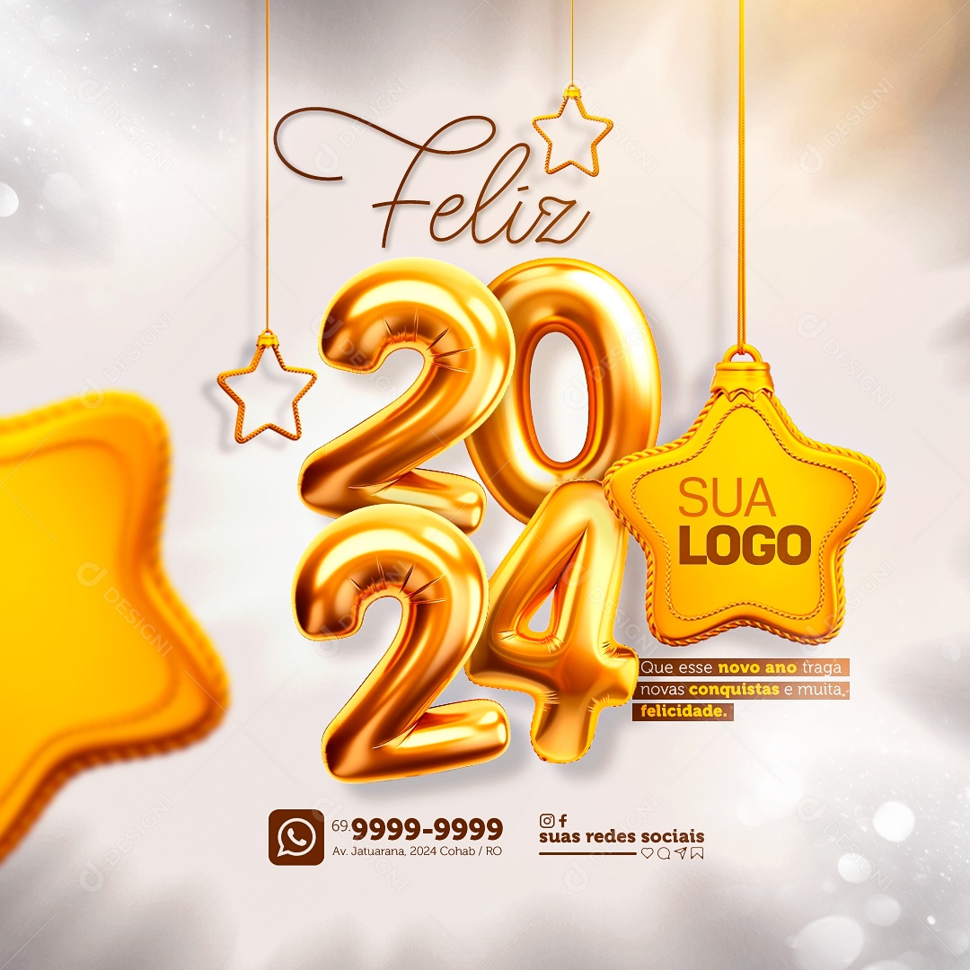 Feliz 2024 Que esse Novo Ano Traga Novas Conquistas e Muita Felicidade Social Media PSD Editável