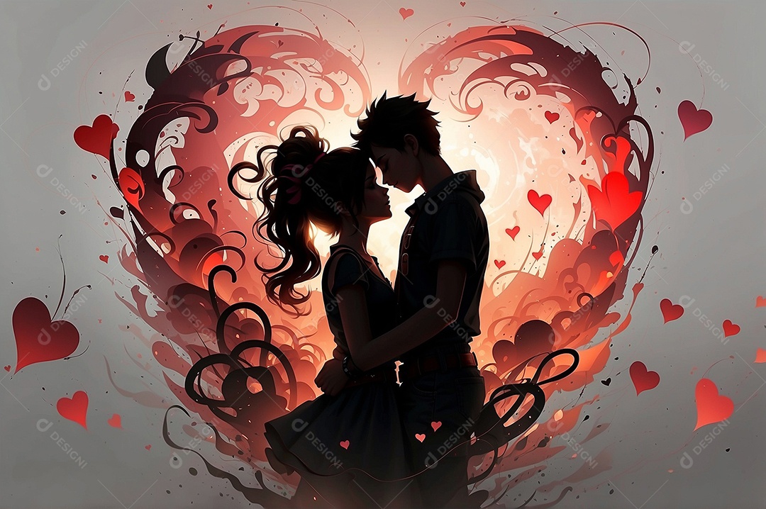 Casal de dia dos namorados e fundo de coração grande com espaço de texto