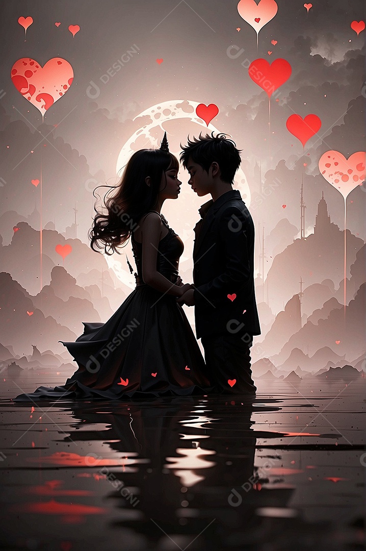 Casal de dia dos namorados e fundo de coração grande com espaço de texto