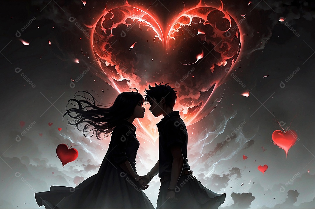 Casal de dia dos namorados e fundo de coração grande com espaço de texto