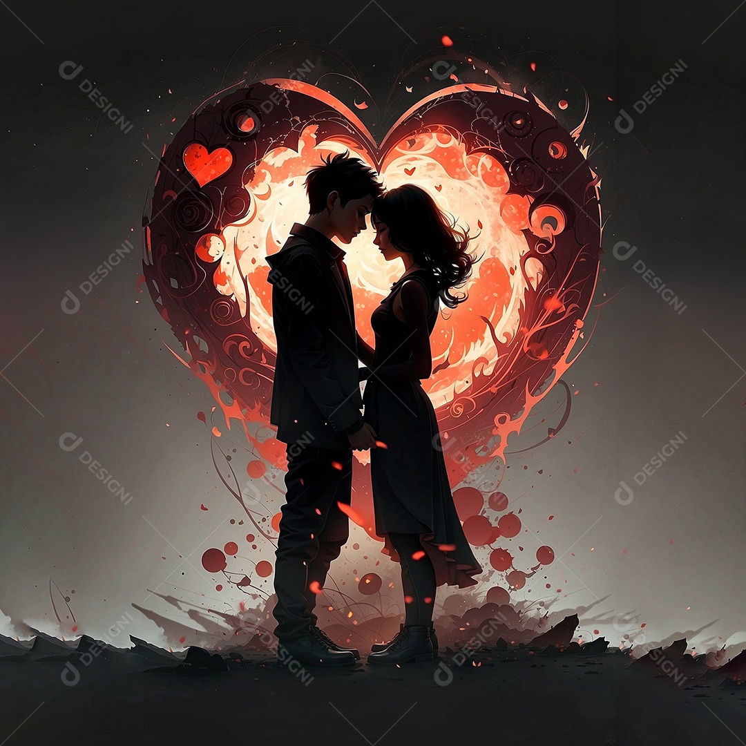 Casal de dia dos namorados e fundo de coração grande com espaço de texto