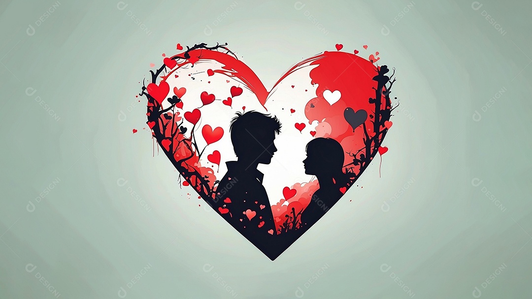 Casal de dia dos namorados e fundo de coração grande com espaço de texto