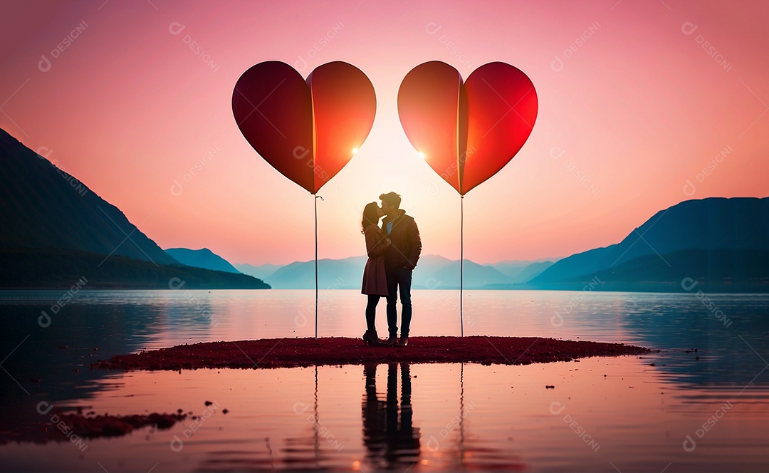 Casal de dia dos namorados e fundo de coração grande com espaço de texto